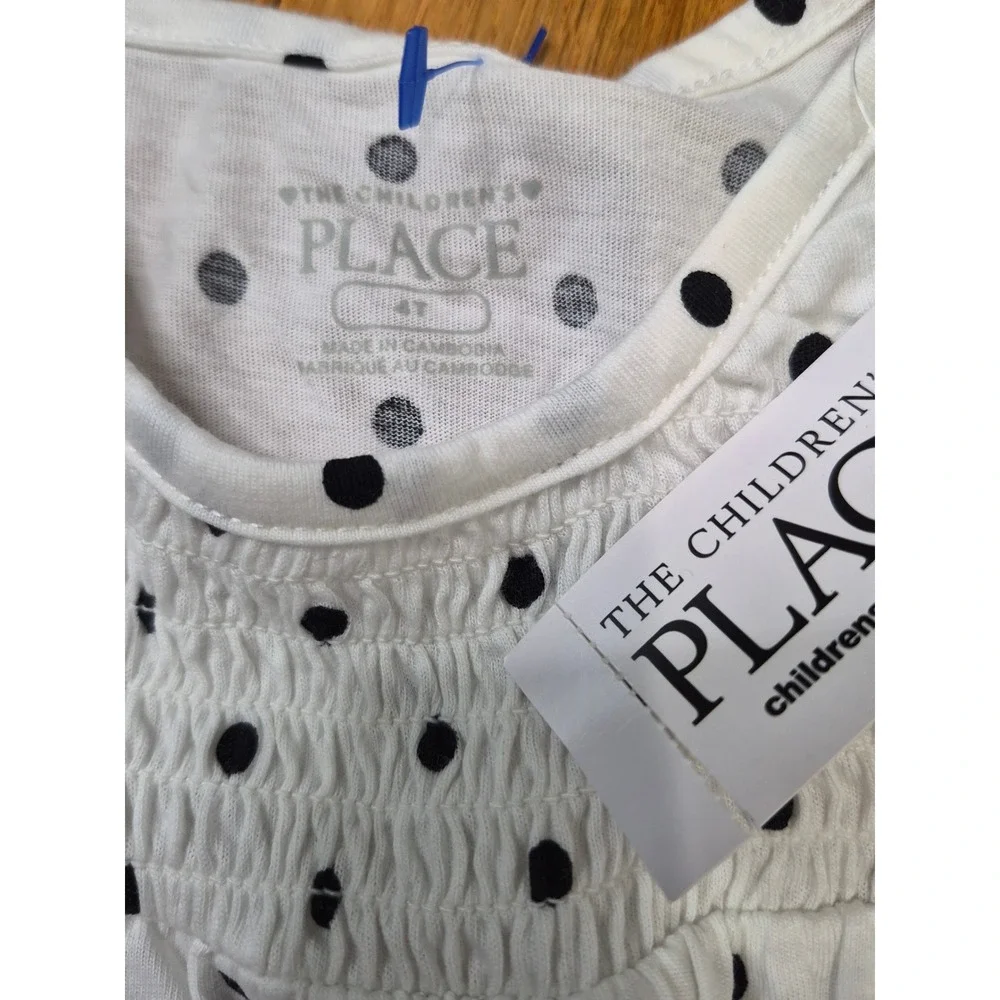 The Childrens Place Girls White Black Polka Dot Smocked Long Sleeve Top 4T NEW